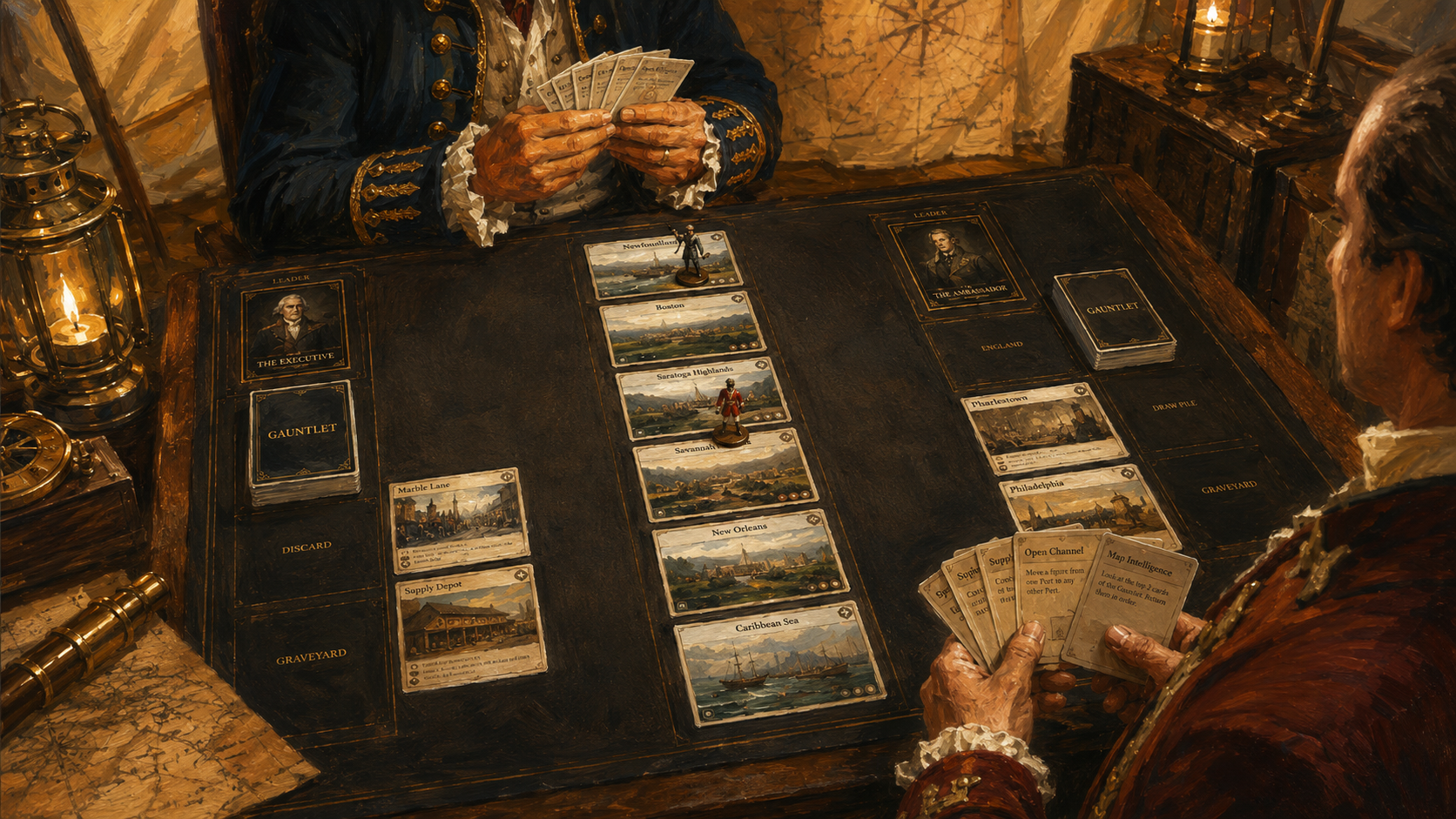 The Executive and Ambassador play Gauntlet across a six-card battlefield in a lamplit command tent.